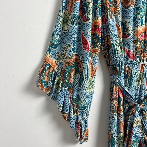 Pyramid Collection Bohemian Blue Floral Print Long Ruffle Sleeve Jumpsuit Sz 1X - Picture 6 of 12